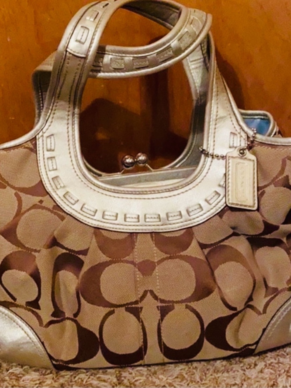 Coach Brown and Cream Signature Logo Tote with Metallic Trim